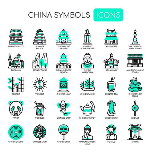 Símbolos de China, línea delgada e iconos perfectos de píxeles vector