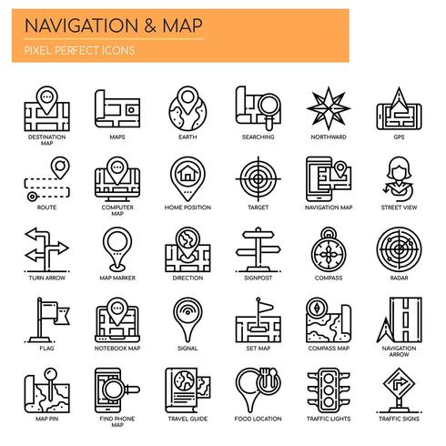 Mapa de navegación Iconos de líneas finas y píxeles perfectos vector