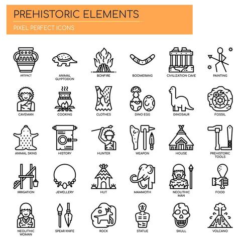 Elementos prehistóricos, línea fina y píxeles iconos perfectos vector