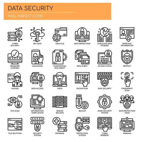 Iconos de seguridad de datos, línea delgada y píxeles perfectos vector