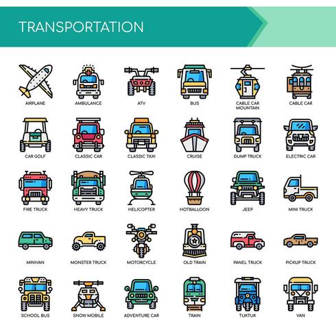 Transporte, línea delgada y Pixel Perfect Icons vector