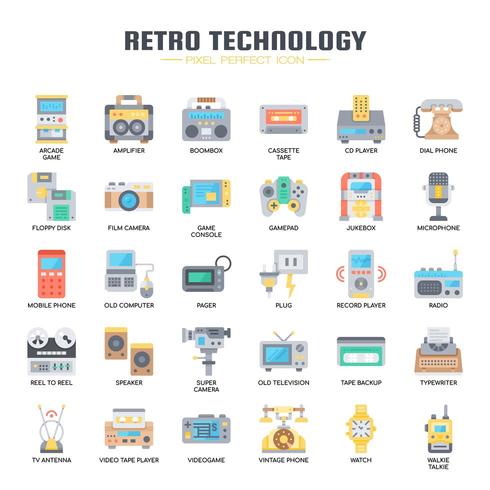 Iconos retro de tecnología, línea delgada y píxeles perfectos vector