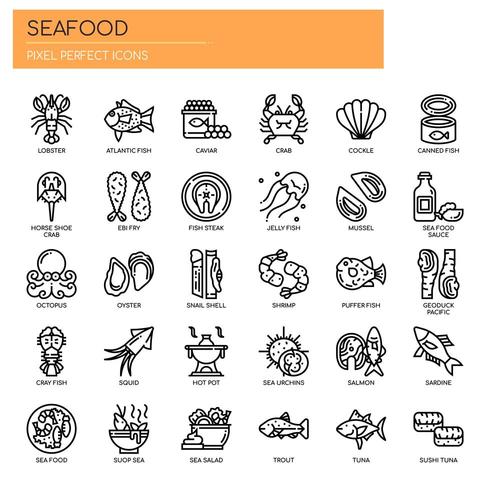 Iconos perfectos de mariscos, línea delgada y píxeles vector