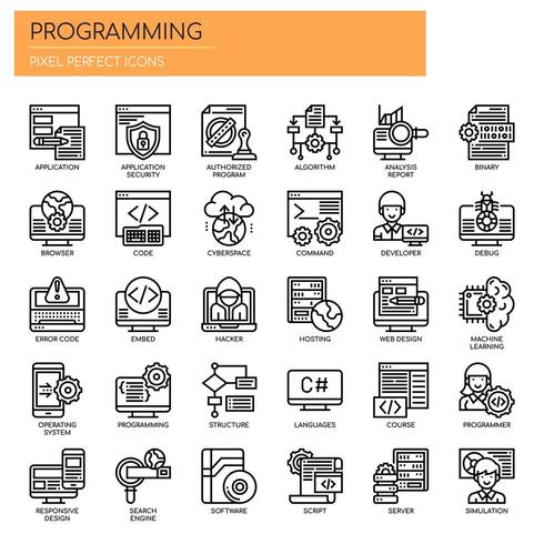 Programación, iconos de líneas finas y píxeles perfectos vector