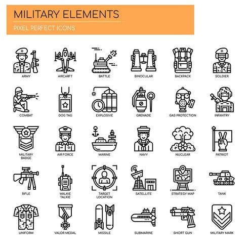 Elementos militares, iconos de líneas finas y píxeles perfectos vector