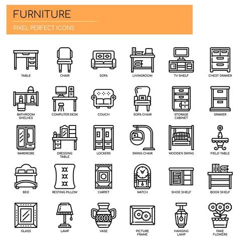 Elementos de muebles, línea delgada y Pixel Perfect Icons vector