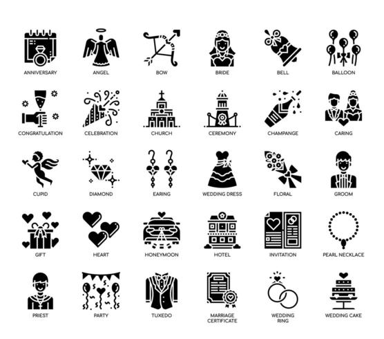 Elementos de boda, iconos de glifo vector