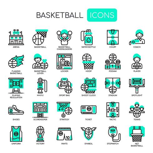 Elementos de baloncesto, línea delgada e iconos perfectos de píxeles vector