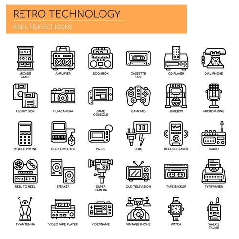 Iconos retro de tecnología, línea delgada y píxeles perfectos vector