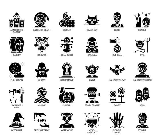 Elementos de Halloween, iconos de glifo vector