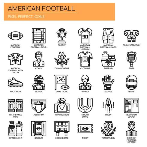 Iconos de fútbol americano, línea delgada y píxeles perfectos vector