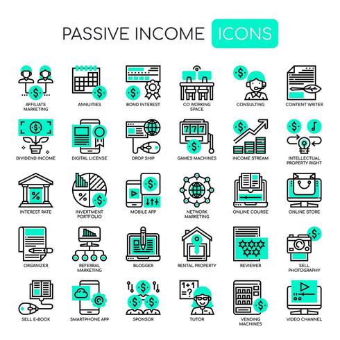 Ingresos pasivos, línea delgada y píxeles iconos perfectos vector