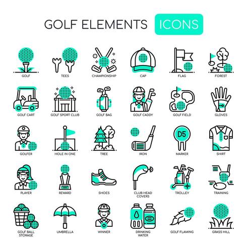 Elementos de golf, iconos de líneas finas y píxeles perfectos vector