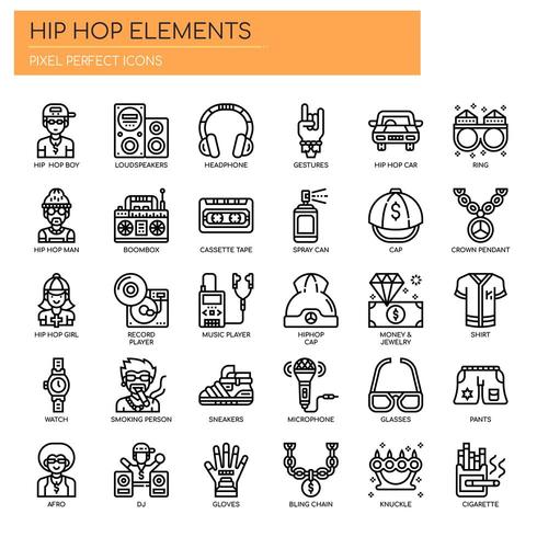 Elementos de Hip Hop, línea delgada y Pixel Perfect Icons vector