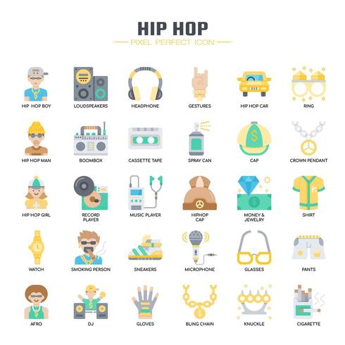 Elementos de Hip Hop, línea delgada y Pixel Perfect Icons vector