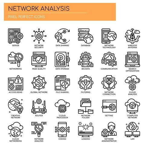 Análisis de red, iconos de líneas finas y píxeles perfectos vector