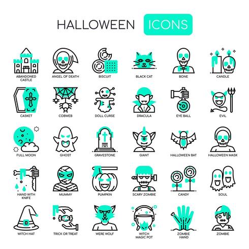 Elementos de Halloween, línea delgada y Pixel Perfect Icons vector