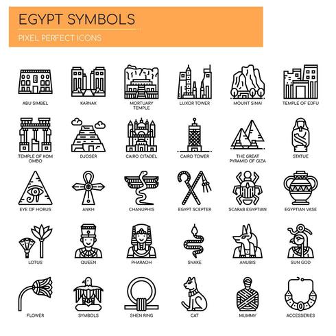 Símbolos de Egipto, línea delgada y Pixel Perfect Icons vector