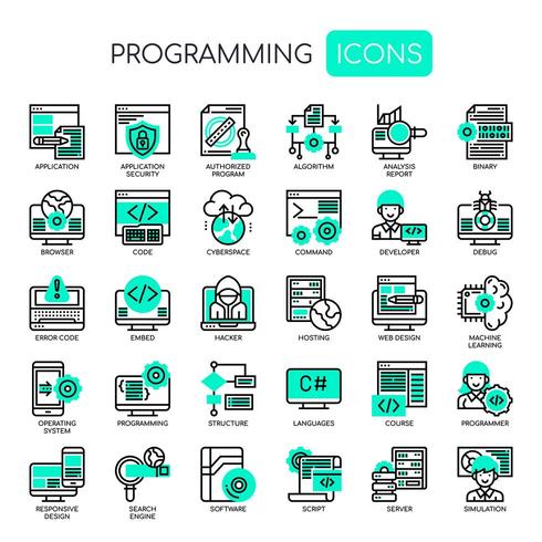 Programación, iconos de líneas finas y píxeles perfectos vector