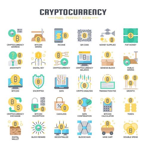 Elementos de criptomoneda, iconos de líneas finas y píxeles perfectos vector