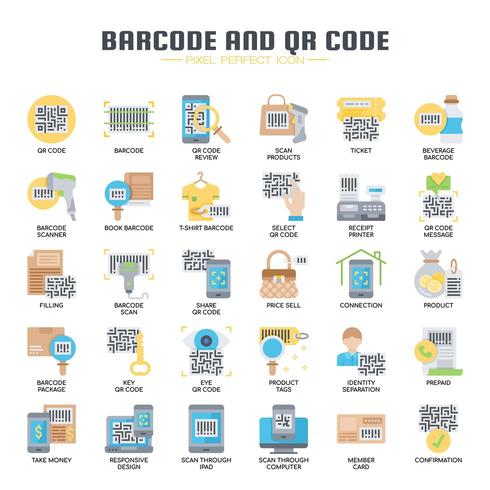 Iconos de códigos de barras y códigos QR, líneas finas y píxeles perfectos vector