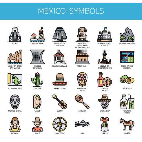 Elementos de México, iconos de línea delgada y Pixel Perfect vector