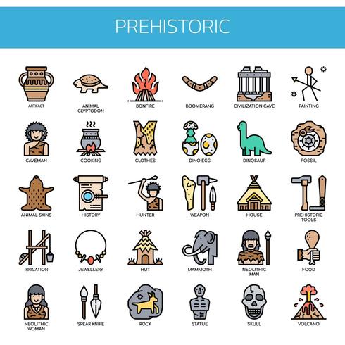 Elementos prehistóricos, línea fina y píxeles iconos perfectos vector