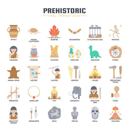 Elementos prehistóricos, línea fina y píxeles iconos perfectos vector