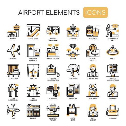 Elementos del aeropuerto, iconos de líneas finas y píxeles perfectos vector