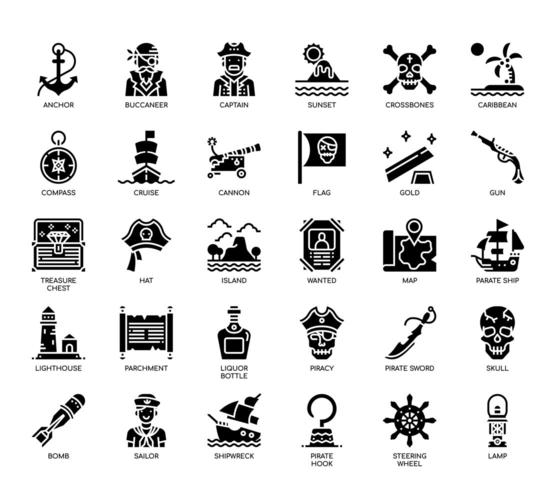 Elementos piratas, iconos de glifos vector