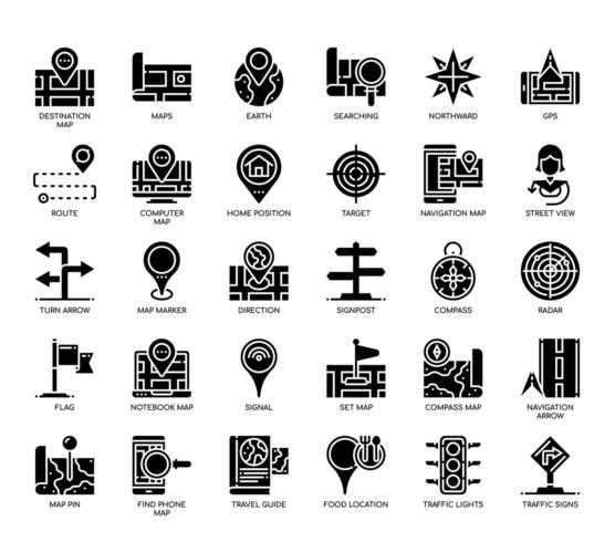 Iconos de glifo de mapa de navegación vector