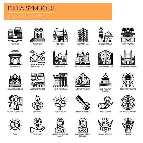 Símbolos de India, línea delgada y Pixel Perfect Icons vector