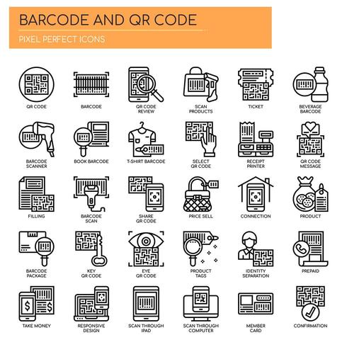 Iconos de códigos de barras y códigos QR, líneas finas y píxeles perfectos vector