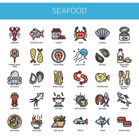 Iconos perfectos de mariscos, línea delgada y píxeles vector