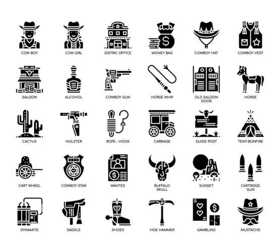 Elementos de vaquero, iconos de glifo vector