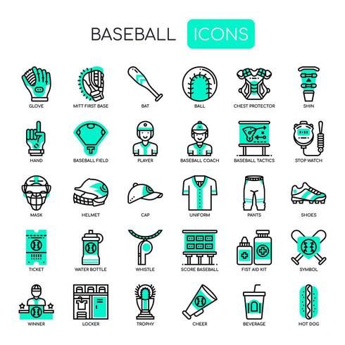 Elementos de béisbol, iconos de líneas finas y píxeles perfectos vector