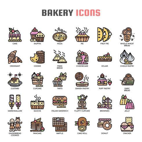 Iconos perfectos de panadería, línea de color y píxeles vector