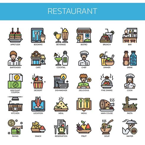 Elementos de restaurante, línea delgada y Pixel Perfect Icons vector