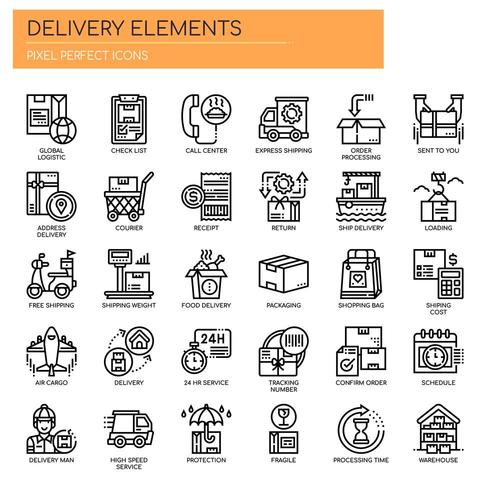 Elementos de entrega, línea fina e iconos perfectos de píxeles vector