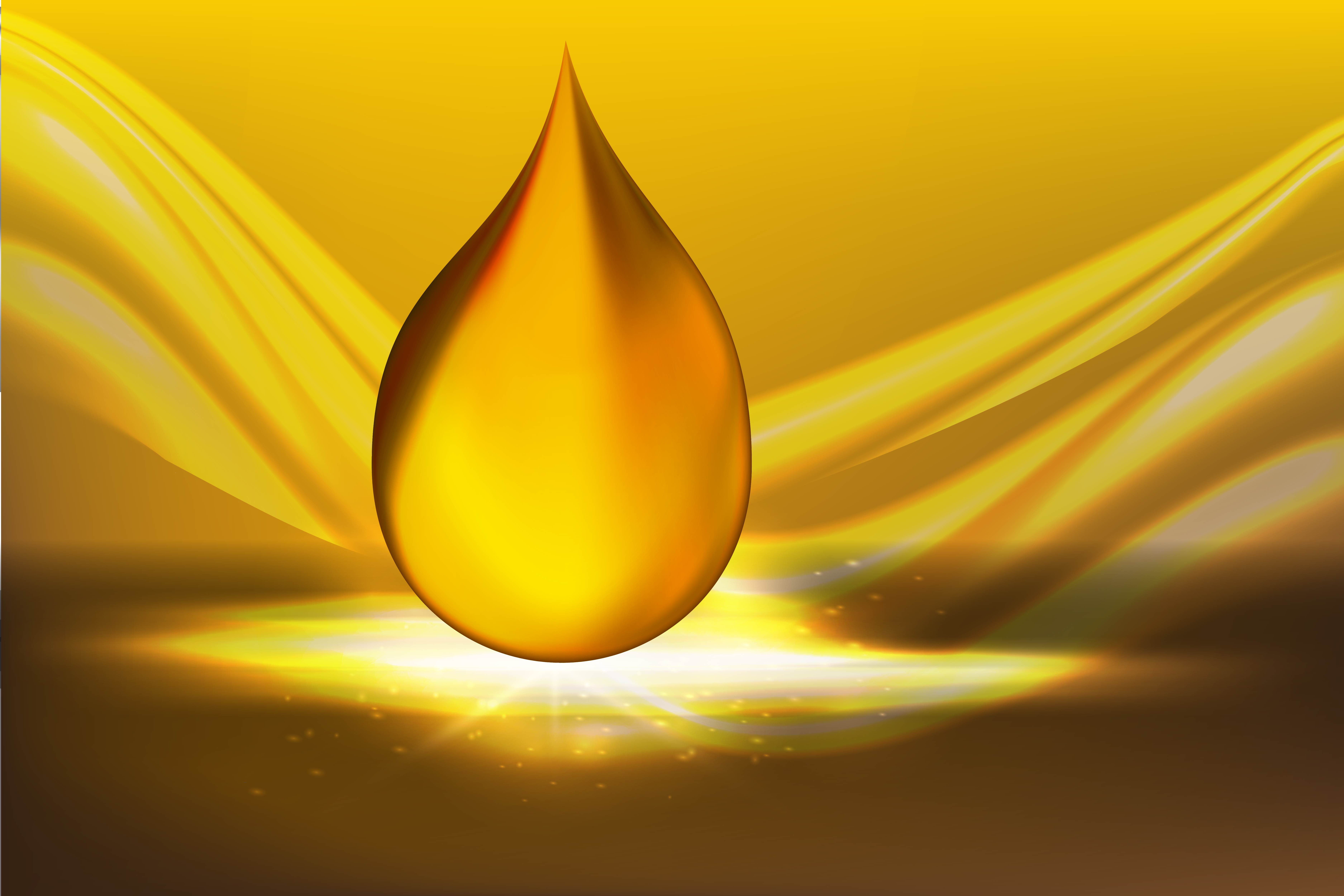 Golden Oil Drops on Yellow Background with Shining Rays 681182 Vector