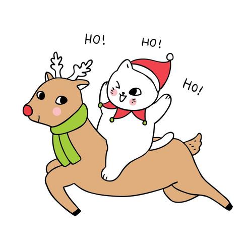 Cartoon cute Christmas cat and reindeer  vector