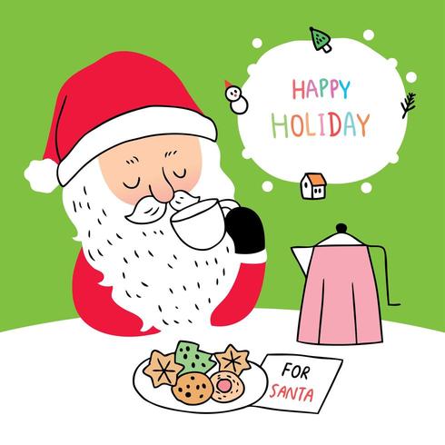 Cartoon cute Christmas Santa claus drinking coffee vector