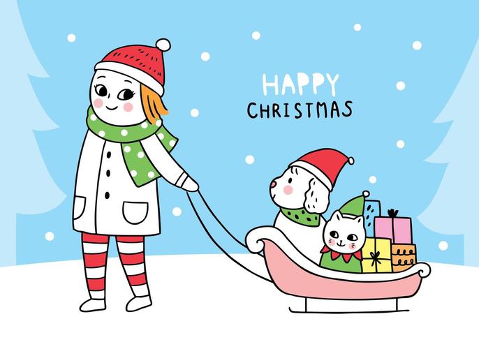 Christmas woman dragging dog and cat sitting sleigh  vector