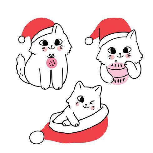 Dibujos animados lindo gato de Navidad y sombrero de santa vector