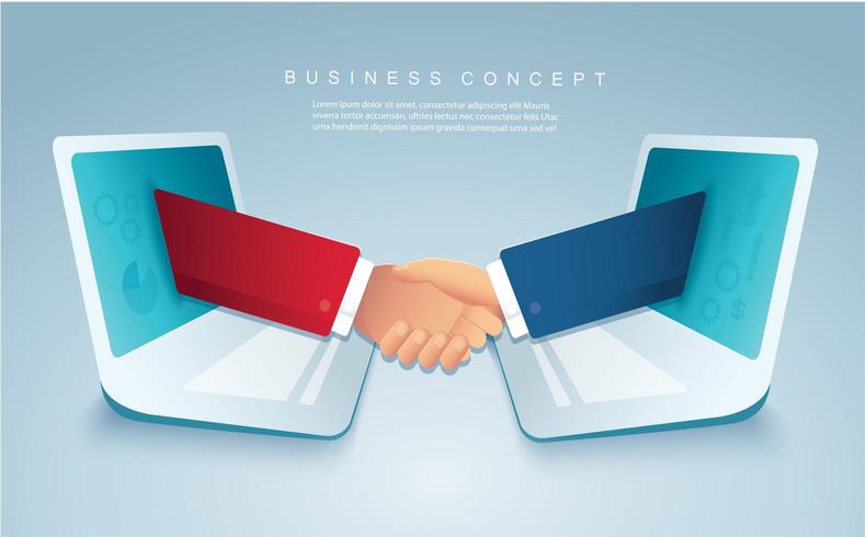 Online deal with Business people shaking hands through laptop vector