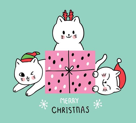 Dibujos animados lindos gatos navideños y regalo vector