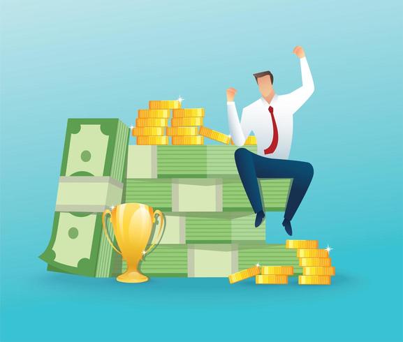 Businessman sitting on a big money and coins vector