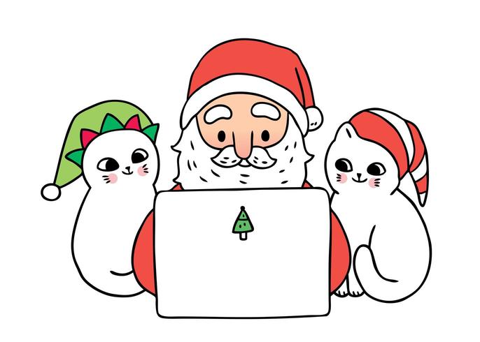 Dibujos animados lindo Navidad Papá Noel y gatos jugando laptop vector