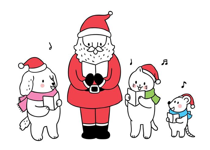 Celebración de la canción de Papá Noel y animales cantando vector