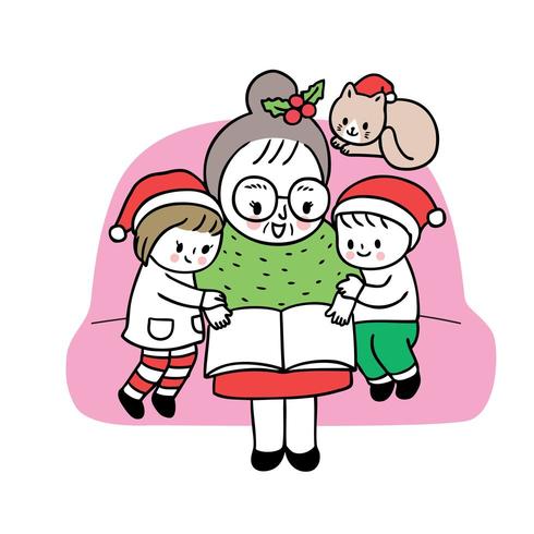 Dibujos animados lindo abuela de Navidad y niños leyendo libro vector